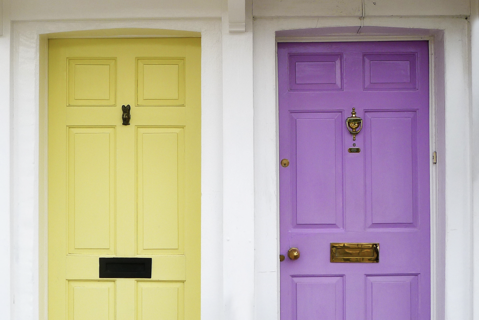 bright green and purple front doors